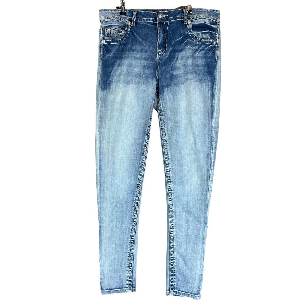 Rebel & Soul Jeans Women Sze 14 Blue Stone Fading Whiskered Wash Skinny Mid Rise